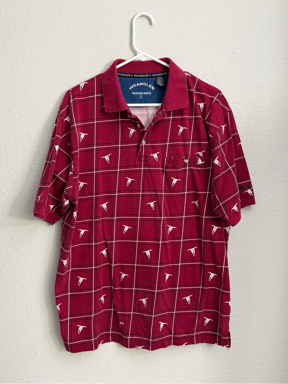 Vintage Wrangler Men's Plaid Polo with Steer Skulls RARE